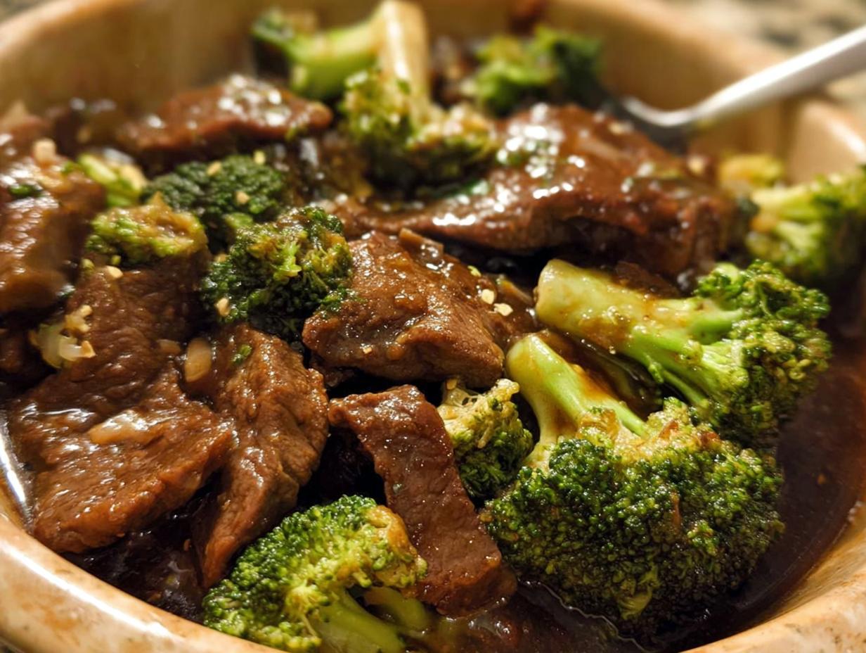 Close-up of tender slices of Chinese Beef and Broccoli coated in a rich, savory sauce.