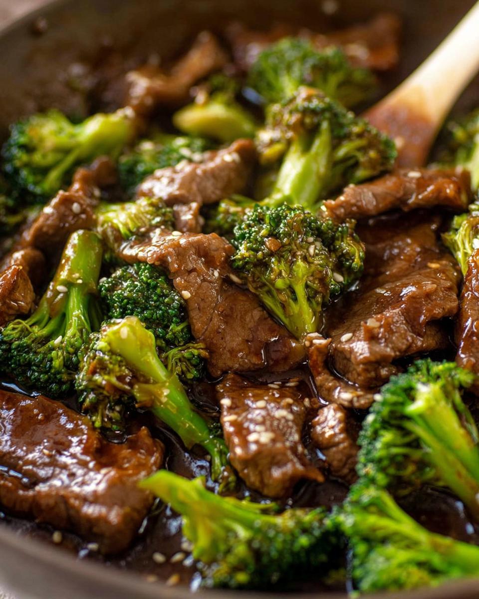 Close-up of Chinese Beef and Broccoli stir-fry in a pan, coated in a glossy sauce and sprinkled with sesame seeds.