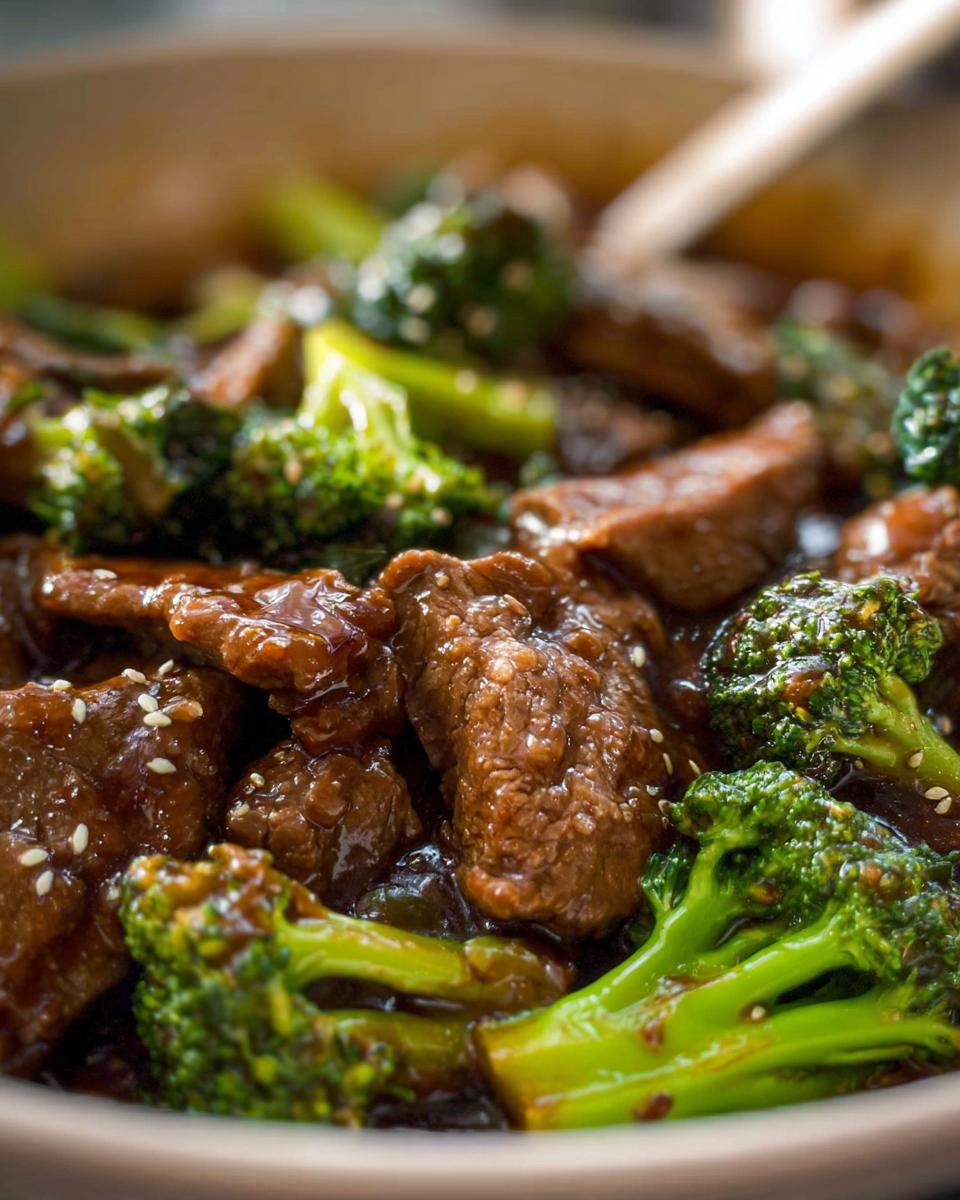 Close-up shot of tender Chinese Beef and Broccoli coated in a glossy savory sauce, sprinkled with sesame seeds.