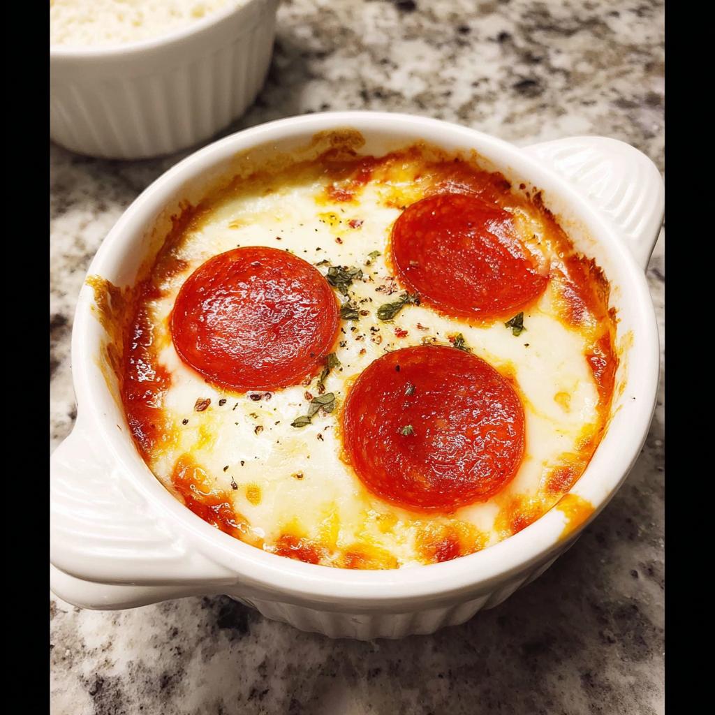 A close-up of a delicious Cottage Cheese Pizza Bowl topped with melted cheese and pepperoni slices.