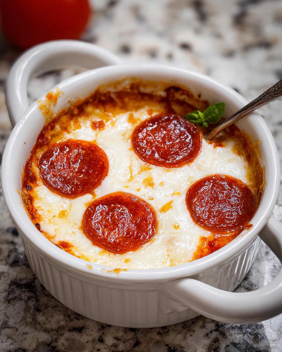 A close-up of a baked Cottage Cheese Pizza Bowl topped with melted cheese and pepperoni slices, garnished with basil.