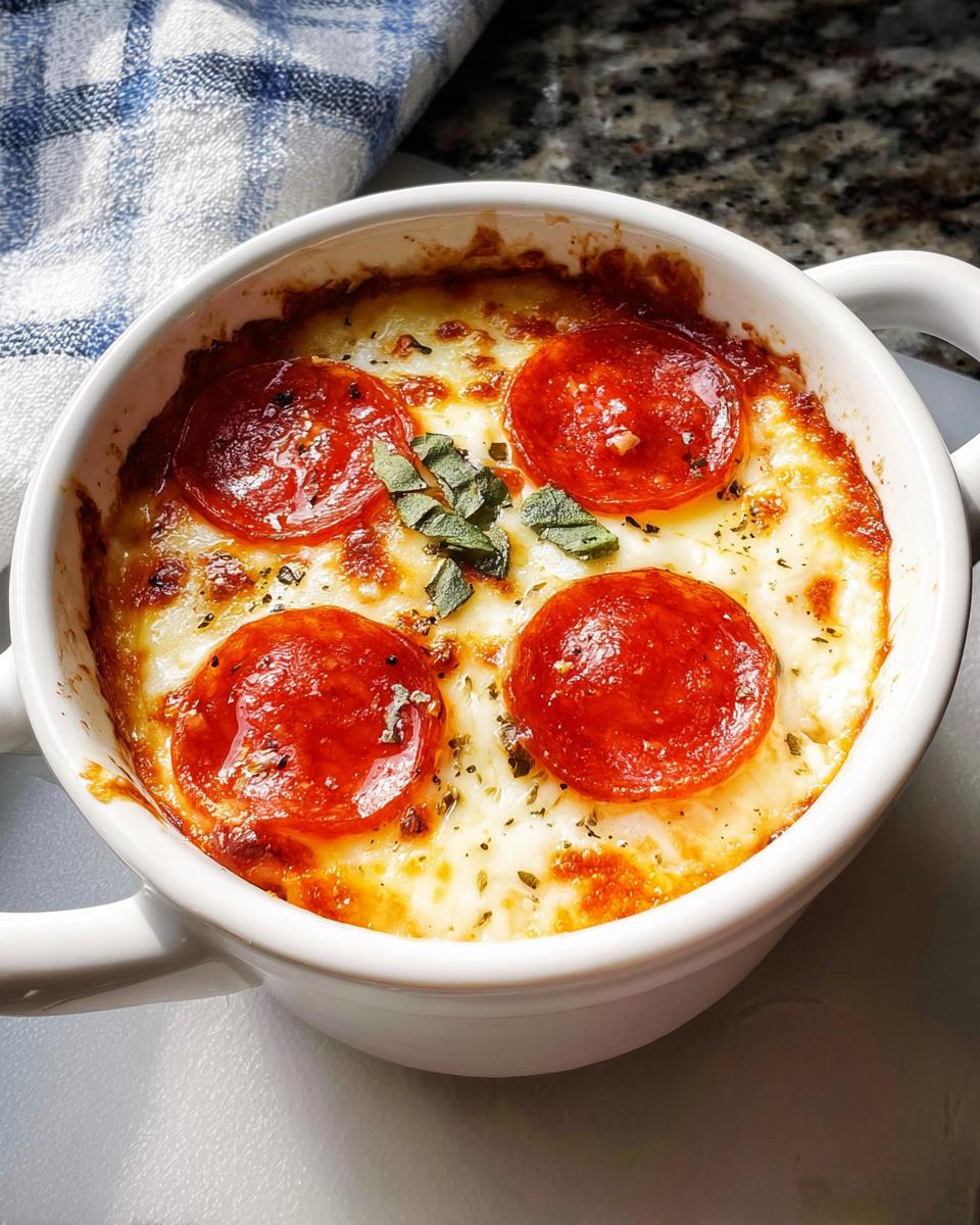 A close-up of a delicious Cottage Cheese Pizza Bowl topped with melted cheese and pepperoni slices.