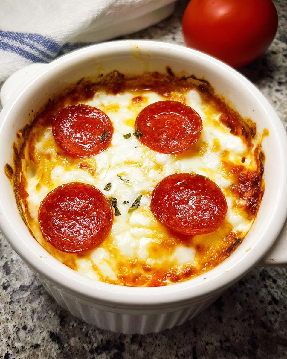 A close-up of a baked Cottage Cheese Pizza Bowl topped with melted cheese and pepperoni slices.