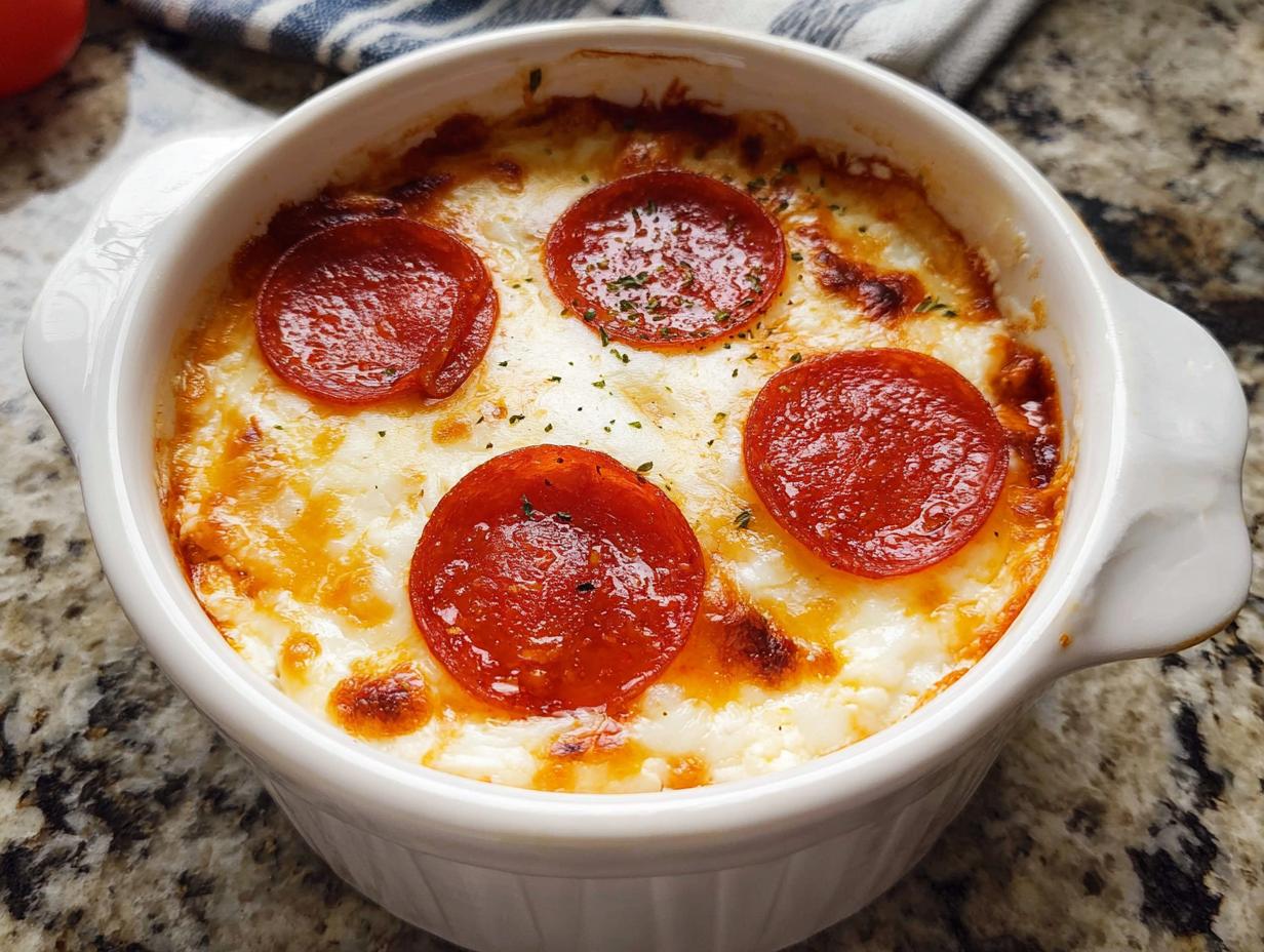 A close-up of a baked Cottage Cheese Pizza Bowl topped with melted cheese and pepperoni slices.
