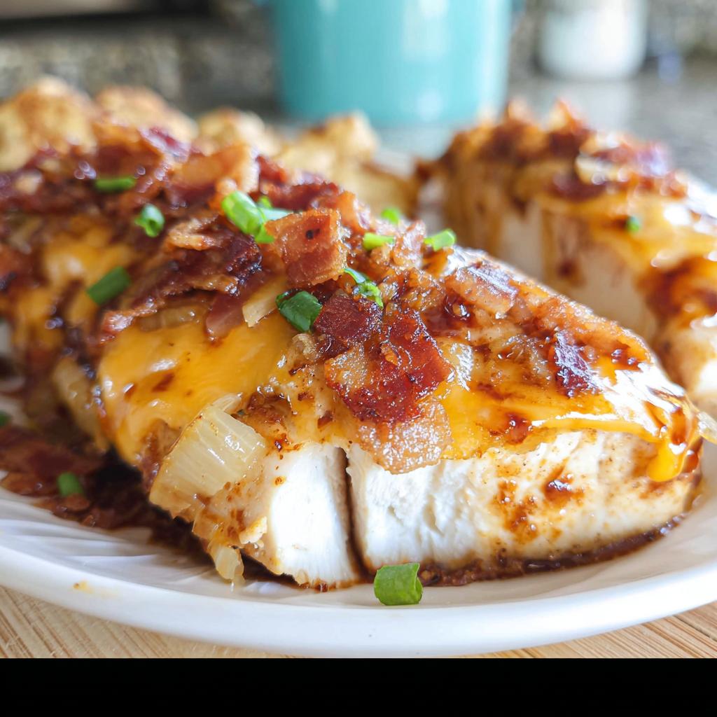 Juicy Cowboy BBQ Bacon Cheddar Chicken breasts topped with melted cheddar cheese, crispy bacon, and green onions.
