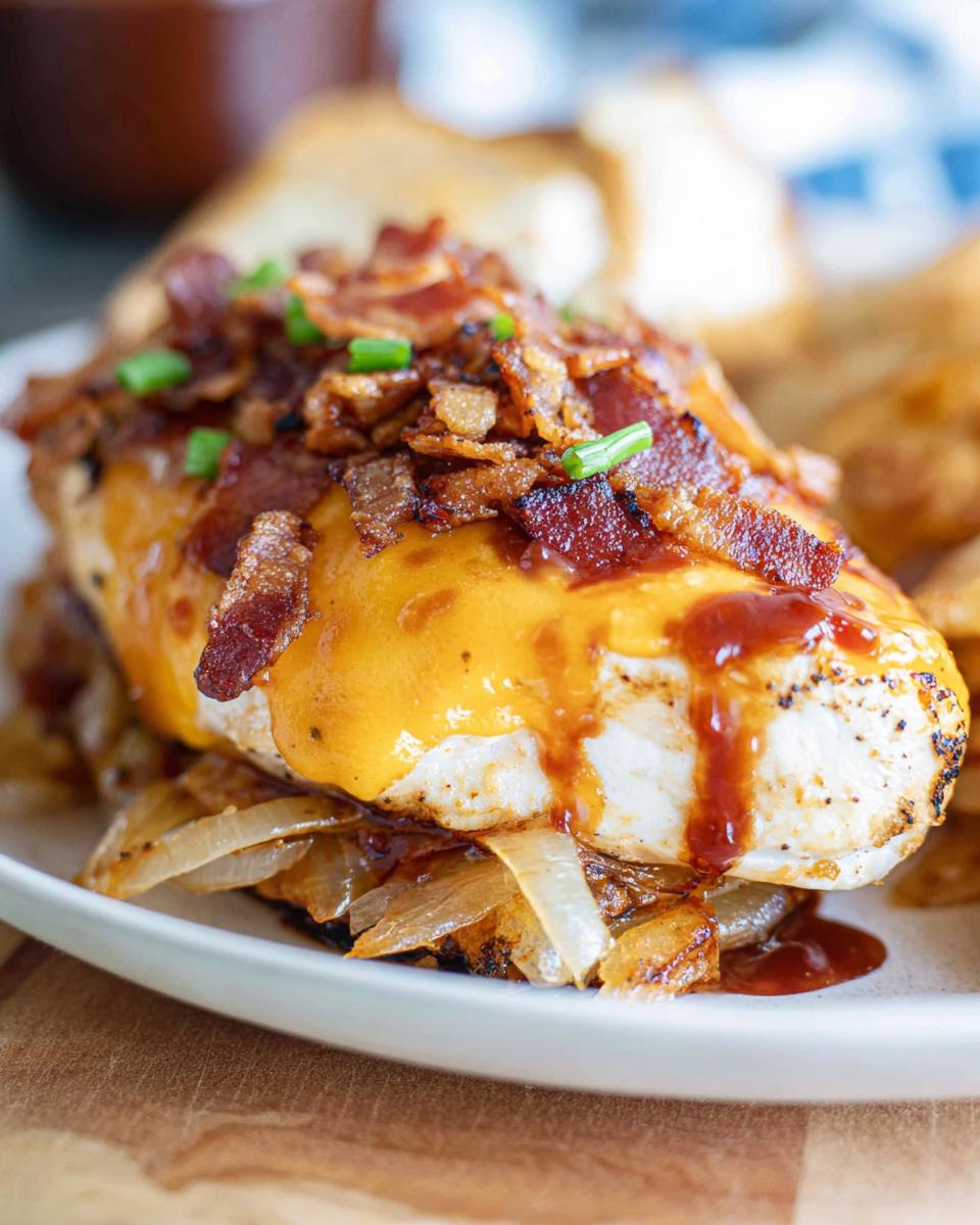 A juicy Cowboy BBQ Bacon Cheddar Chicken breast topped with melted cheddar cheese, crispy bacon, and green onions.