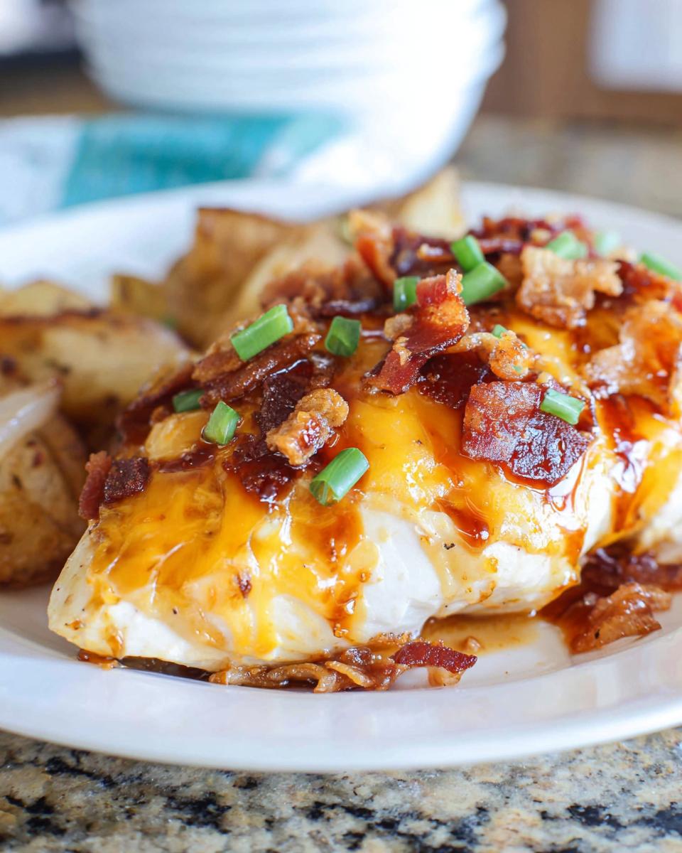 A close-up of Cowboy BBQ Bacon Cheddar Chicken topped with melted cheddar cheese, crispy bacon, and green onions.