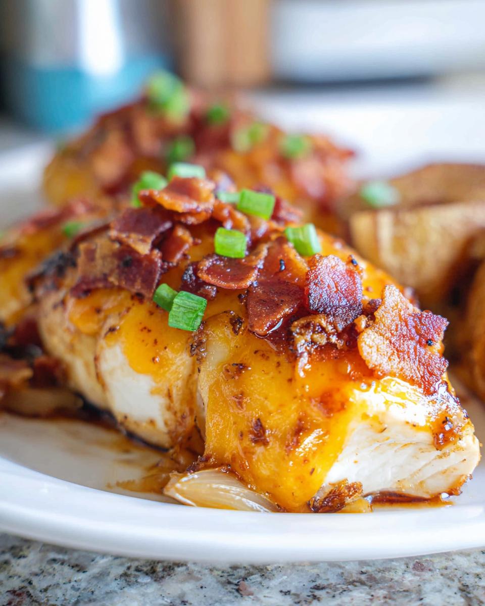 A close-up of Cowboy BBQ Bacon Cheddar Chicken, topped with melted cheddar cheese, crispy bacon, and green onions.