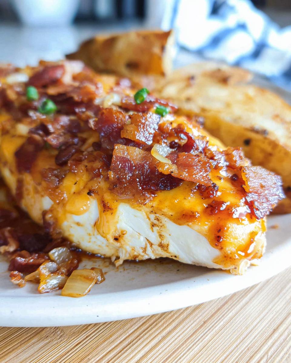 A close-up of Cowboy BBQ Bacon Cheddar Chicken topped with crispy bacon and melted cheddar cheese, served with potato wedges.
