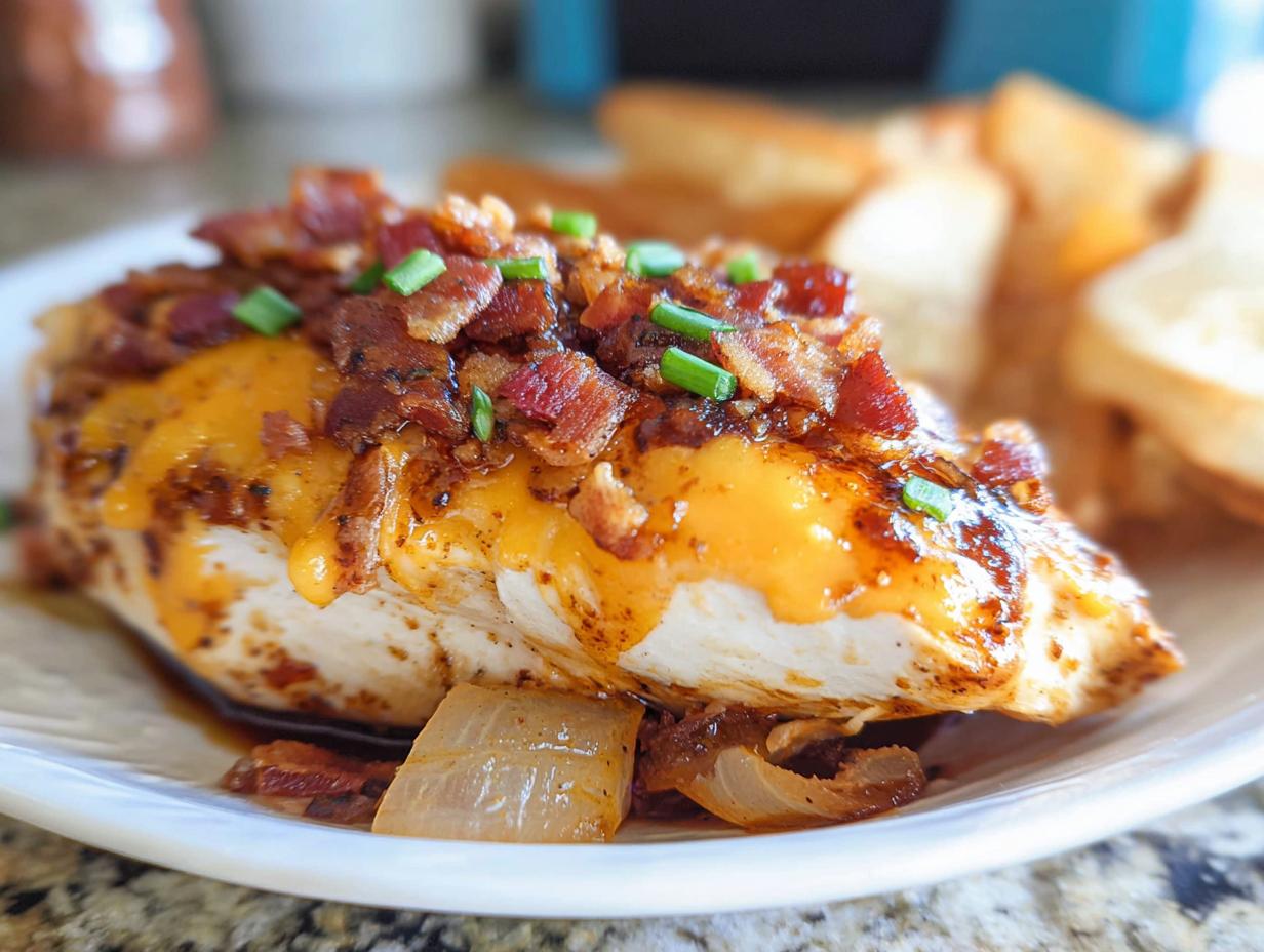 A delicious piece of Cowboy BBQ Bacon Cheddar Chicken topped with melted cheddar cheese, crispy bacon, and chives, served with toasted bread.