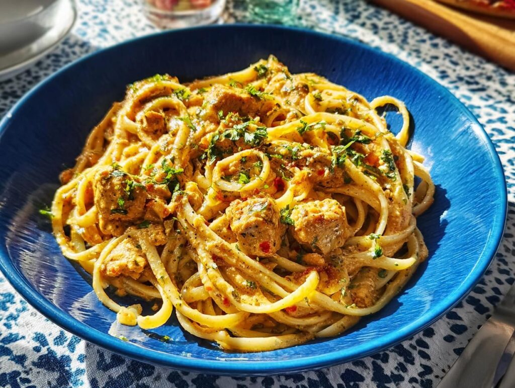 A close-up of Cowboy Butter Chicken Pasta served in a vibrant blue bowl, garnished with fresh parsley.