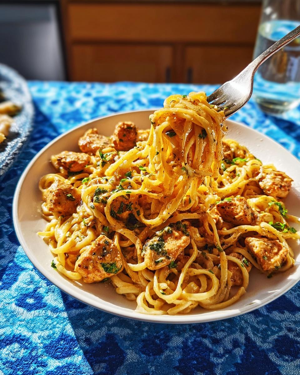 A fork lifting a tangle of spaghetti coated in creamy sauce, mixed with pieces of Cowboy Butter Chicken Pasta and chopped parsley.