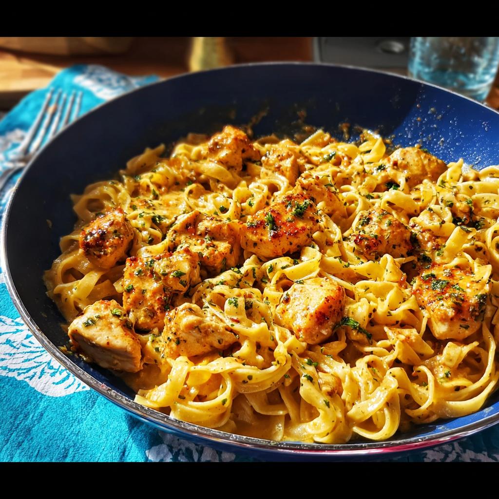 A close-up of Cowboy Butter Chicken Pasta with fettuccine noodles and seasoned chicken pieces in a creamy sauce, garnished with parsley.