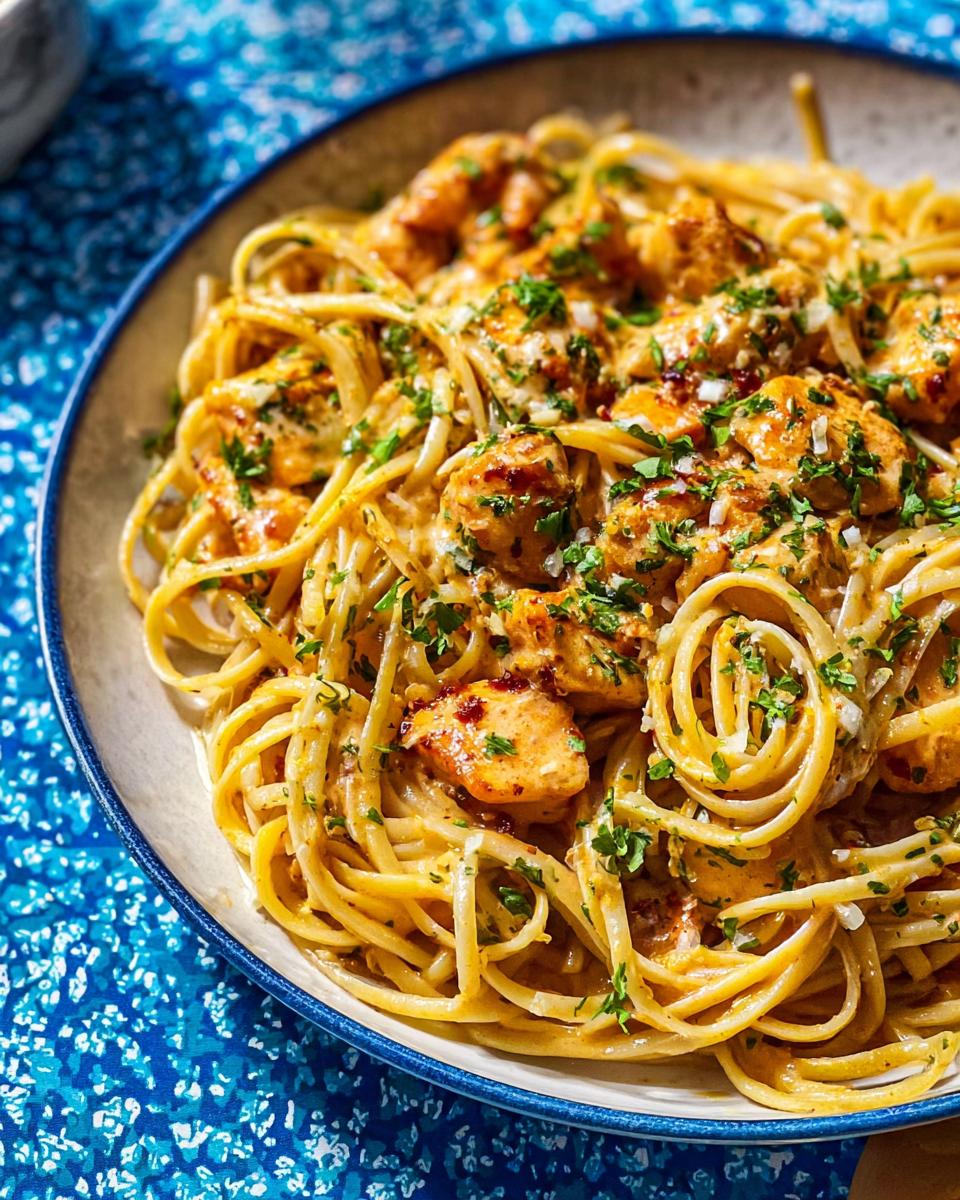 A close-up of Cowboy Butter Chicken Pasta, featuring linguine noodles coated in creamy sauce with tender chicken pieces and fresh parsley.