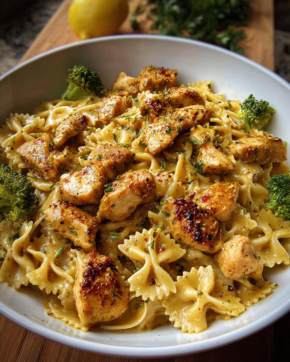 A bowl of Cowboy Butter Lemon Bowtie Chicken Pasta with Broccoli, topped with seasoned chicken pieces and fresh parsley.