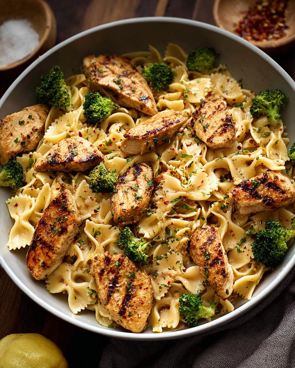 A bowl of Cowboy Butter Lemon Bowtie Chicken Pasta with Broccoli, featuring grilled chicken, farfalle pasta, and broccoli florets.