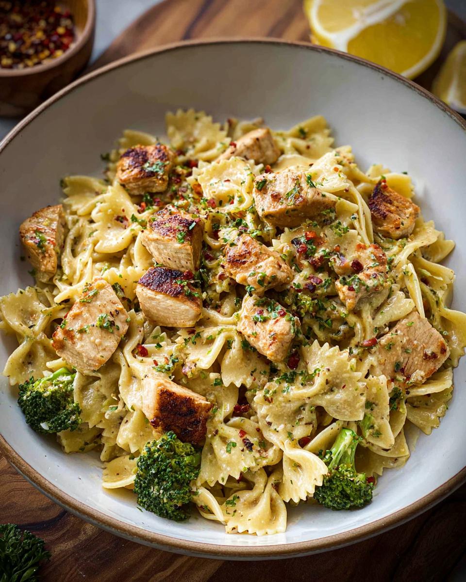 A bowl of Cowboy Butter Lemon Bowtie Chicken Pasta with Broccoli, topped with grilled chicken pieces and fresh parsley.