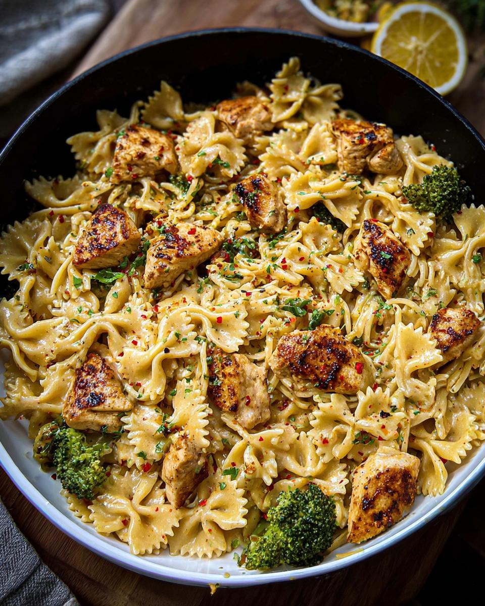 A close-up of Cowboy Butter Lemon Bowtie Chicken Pasta with Broccoli, featuring grilled chicken pieces and florets in a creamy sauce.