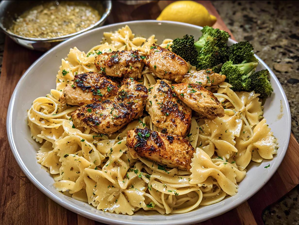 A delicious plate of Cowboy Butter Lemon Bowtie Chicken Pasta with Broccoli, featuring grilled chicken pieces and vibrant green broccoli florets.
