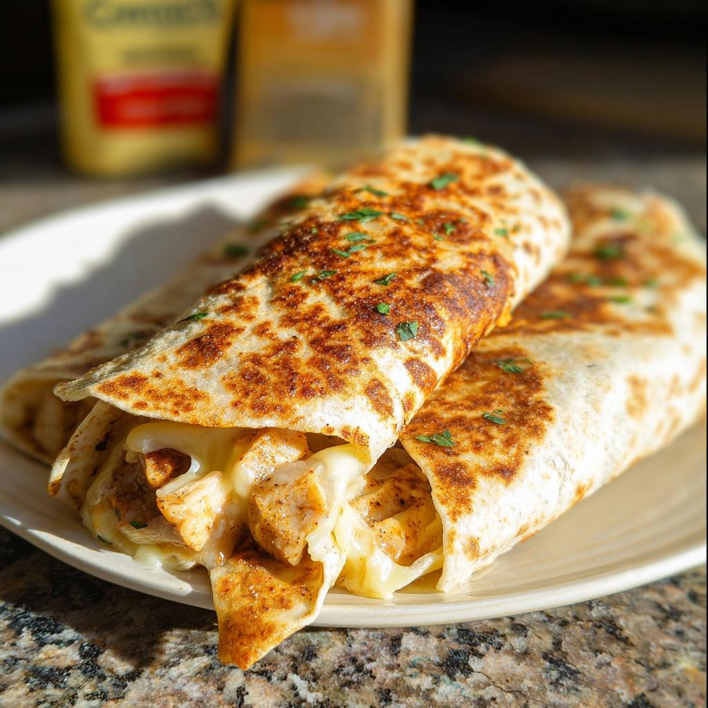 Close-up of two Cozy Cheesy Garlic Chicken Wraps on a white plate, with melted cheese oozing out.