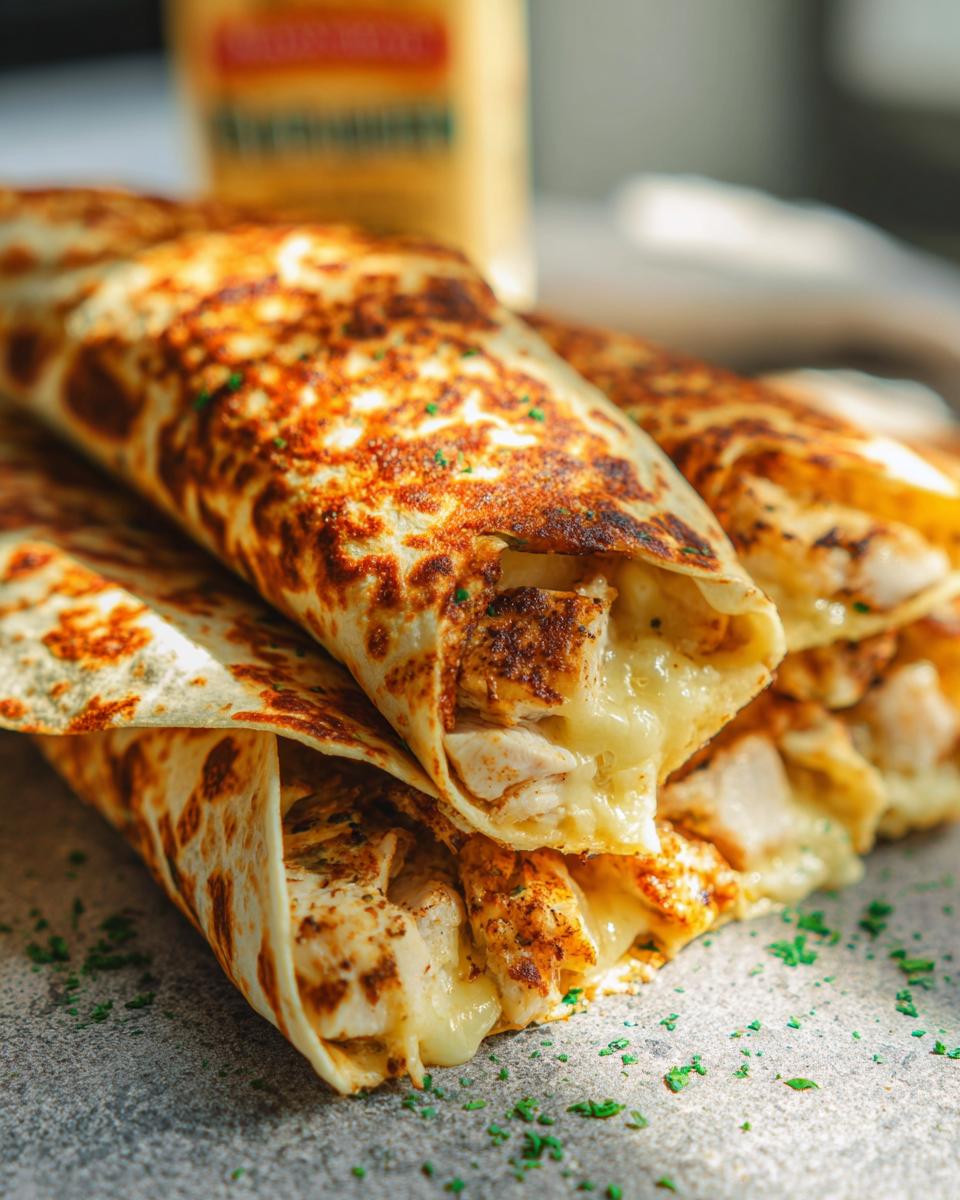 Close-up of Cozy Cheesy Garlic Chicken Wraps, showing melted cheese and seasoned chicken inside golden-brown tortillas.