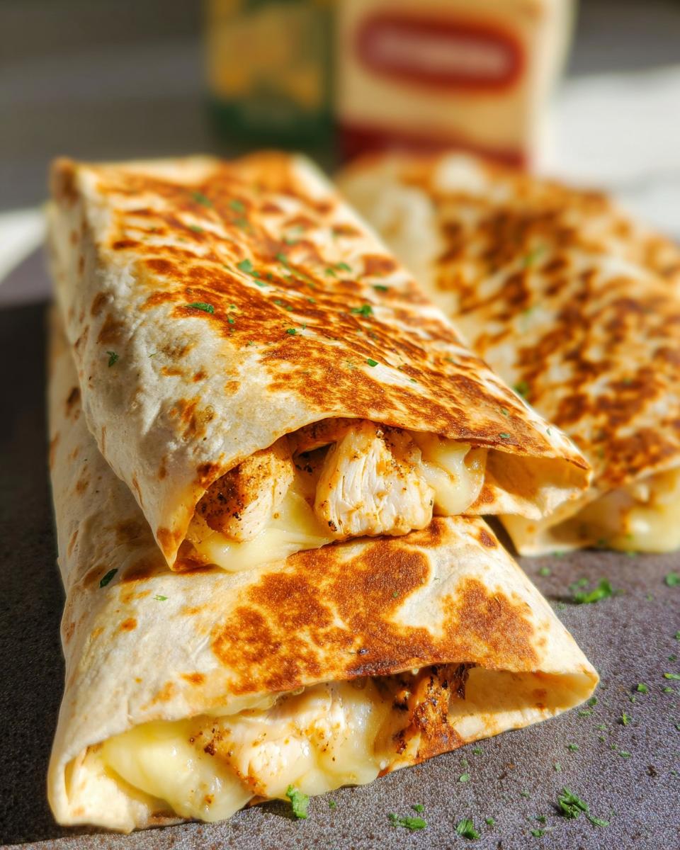 Close-up of two Cozy Cheesy Garlic Chicken Wraps, showing melted cheese and seasoned chicken inside grilled tortillas.