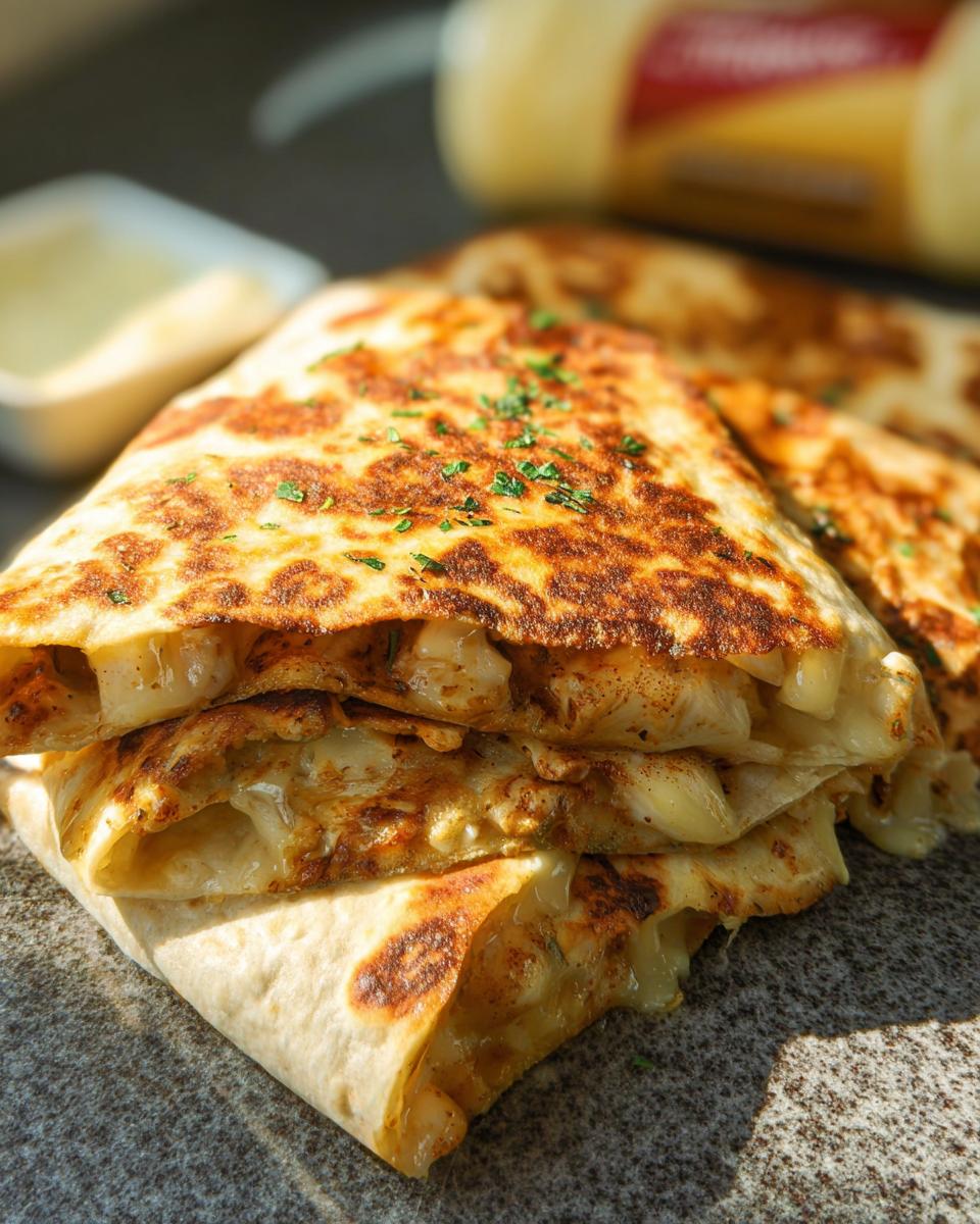 Close-up of golden brown Cozy Cheesy Garlic Chicken Wraps, sliced and stacked, with melted cheese oozing out.