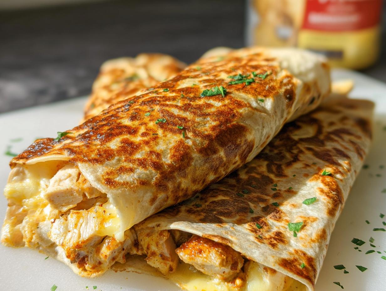 Close-up of two Cozy Cheesy Garlic Chicken Wraps, filled with chicken and melted cheese, sprinkled with parsley.