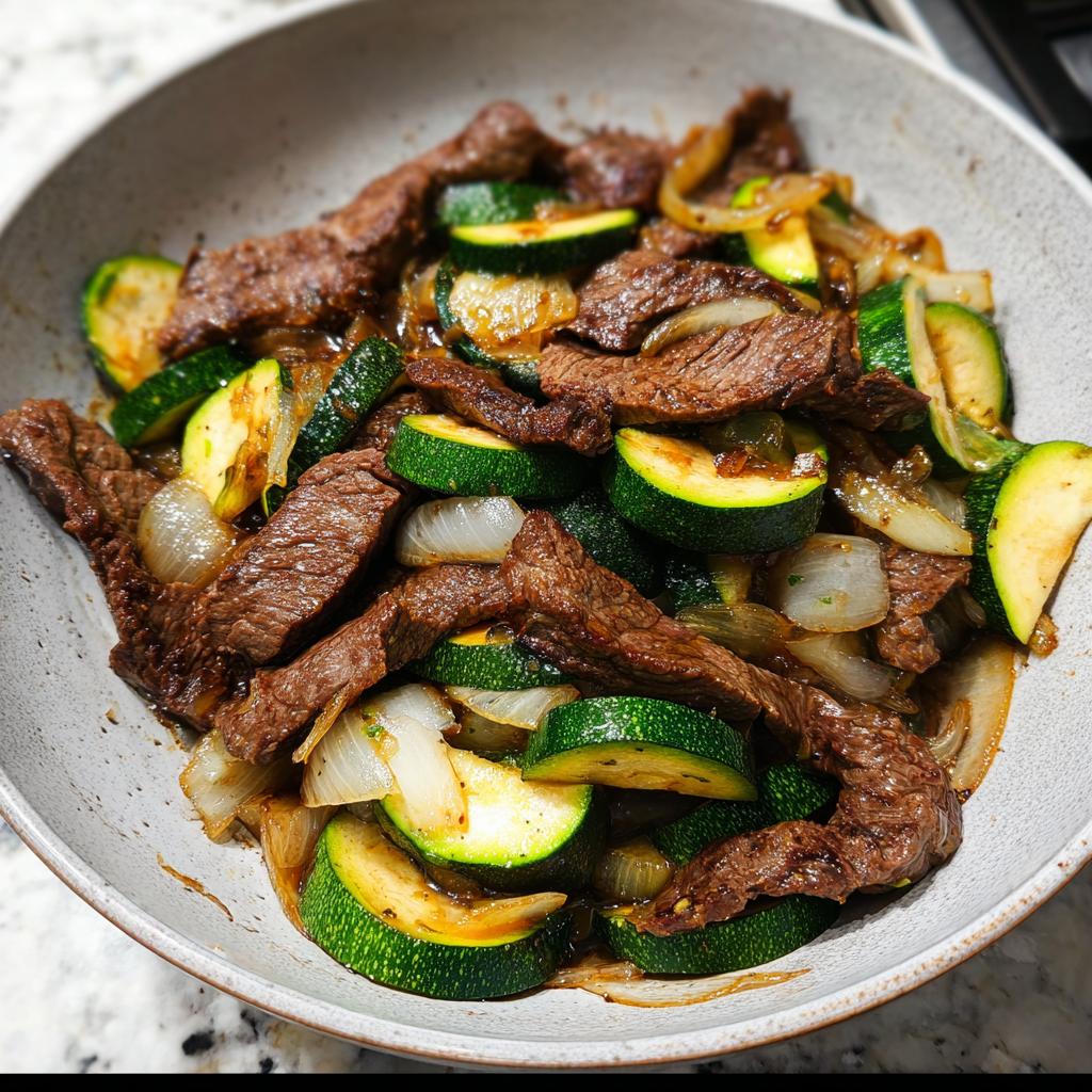 A close-up of a Cozy Grilled Steak Bowl with Zucchini, featuring sliced grilled steak, zucchini rounds, and onions in a savory sauce.