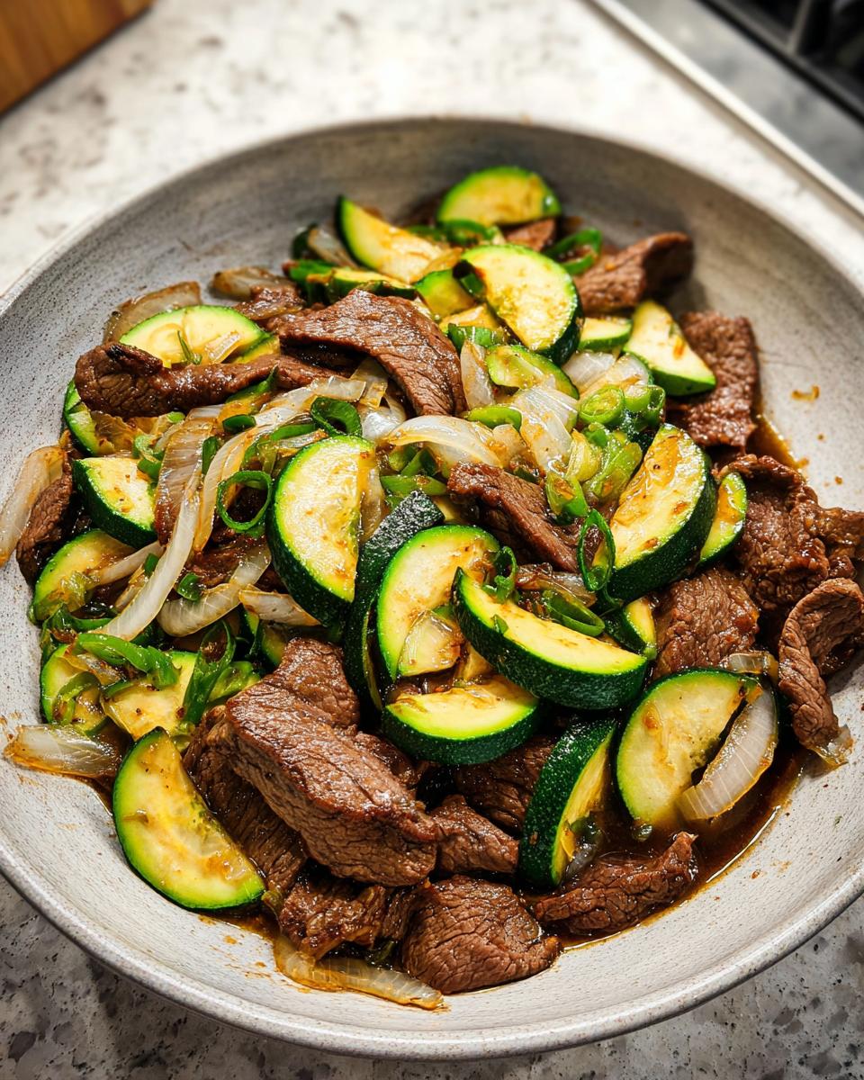 Close-up of a Cozy Grilled Steak Bowl with Zucchini, featuring sliced steak, zucchini rounds, and onions in a savory sauce.