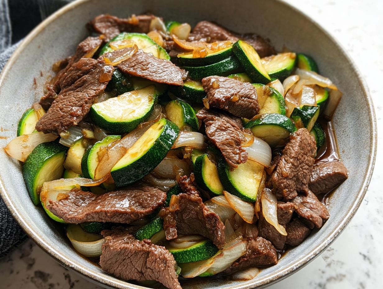 Close-up of a Cozy Grilled Steak Bowl with Zucchini and onions in a savory sauce.