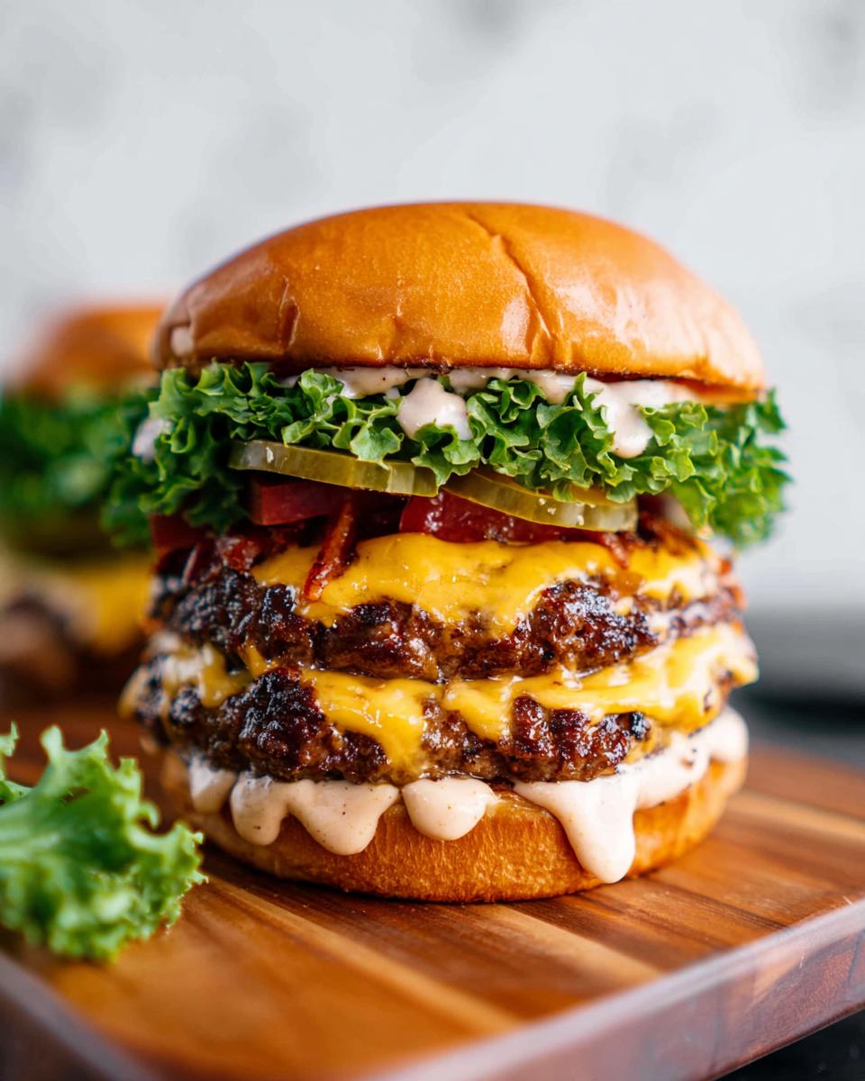 A tall, juicy Crack Burger with double beef patties, melted cheddar cheese, lettuce, pickles, and sauce on a toasted bun.