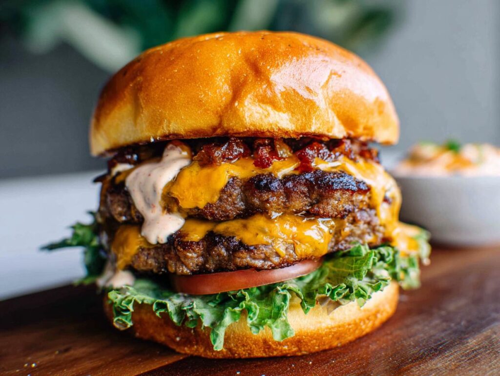 Close-up of a juicy double patty Crack Burger with melted cheese, lettuce, tomato, and sauce.