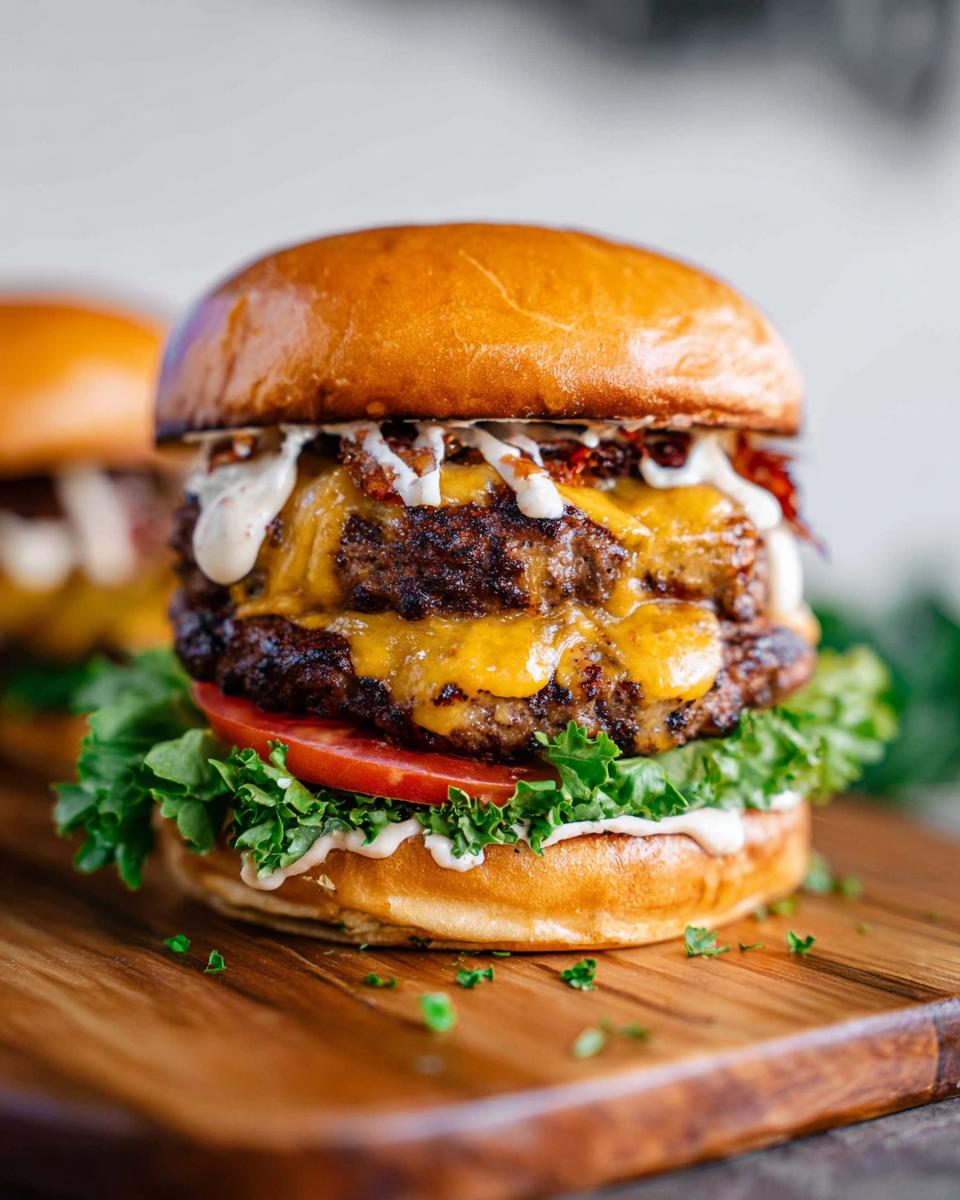 A close-up of a delicious Crack Burger featuring double beef patties, melted cheddar cheese, fresh lettuce, and tomato on a brioche bun.