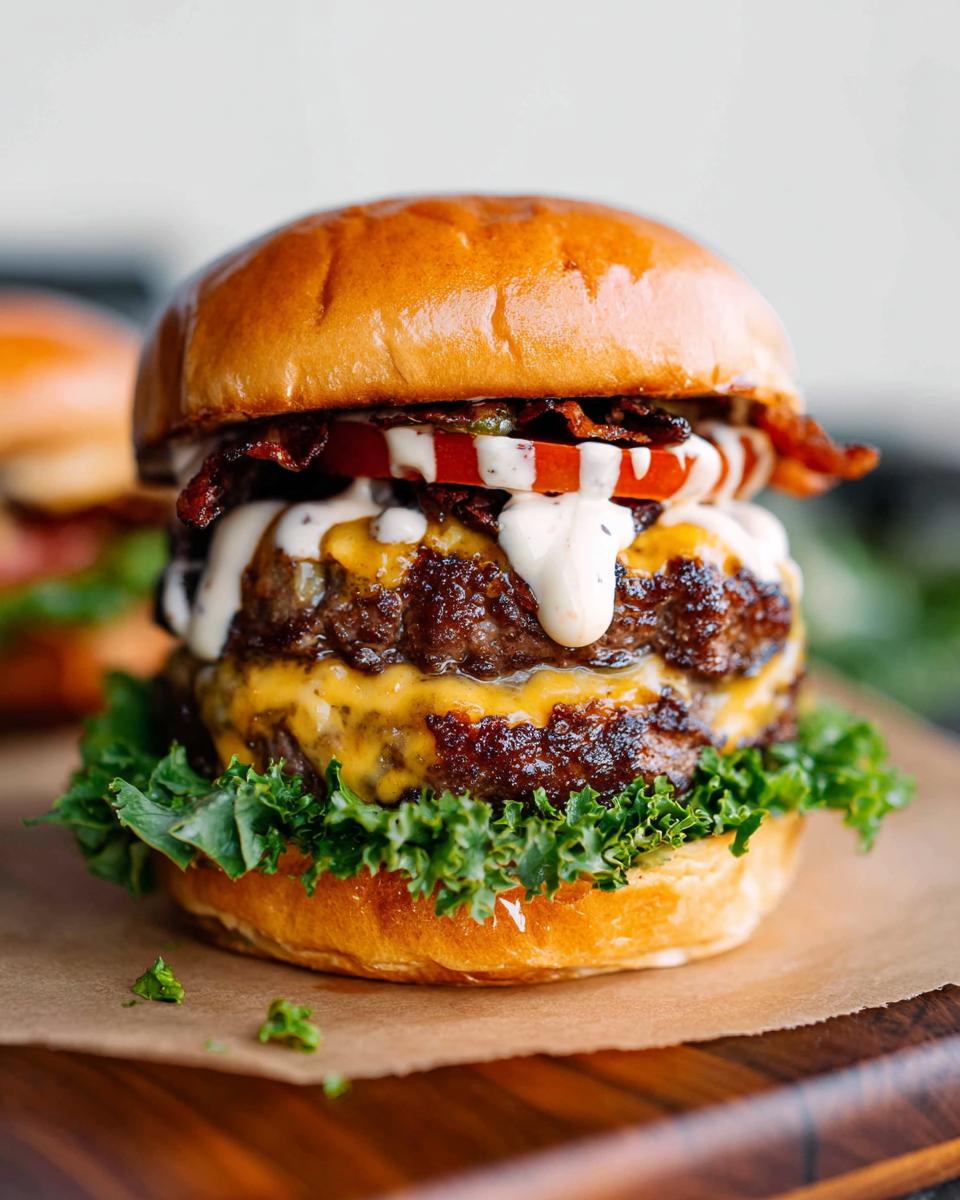 A mouthwatering double patty Crack Burger with melted cheese, crispy bacon, tomato, and creamy sauce on a brioche bun.