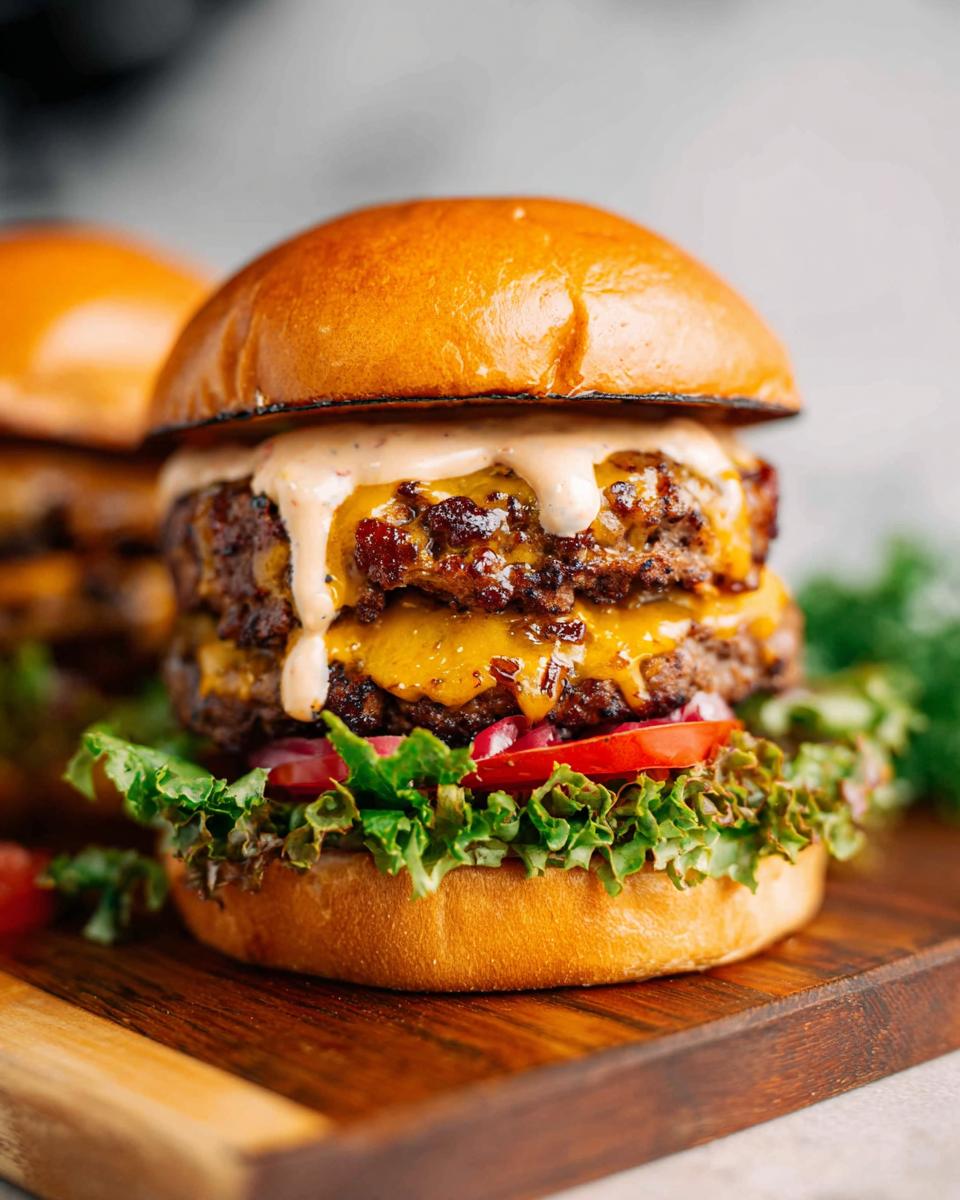 Close-up of a delicious Crack Burger with double beef patties, melted cheese, lettuce, tomato, and special sauce.