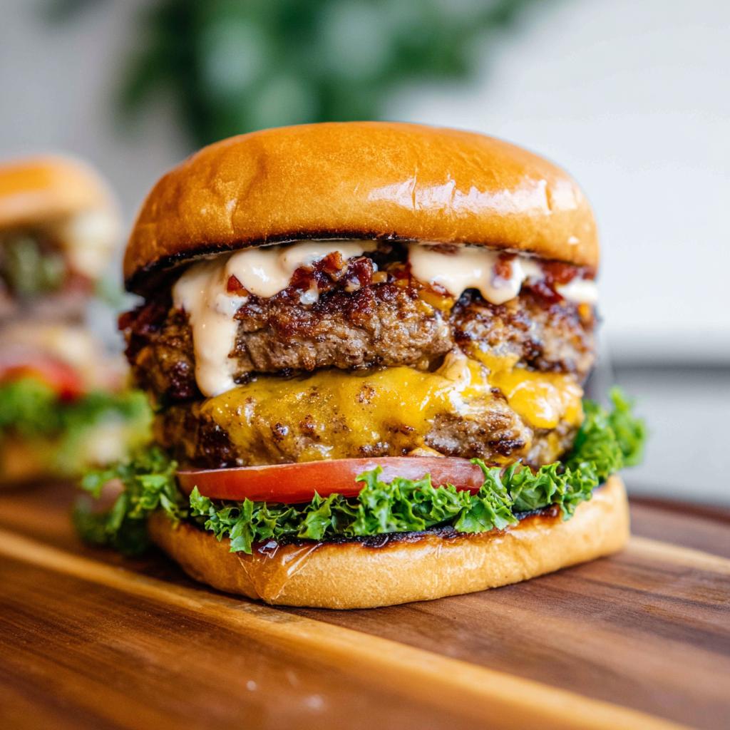 Close-up of a juicy Crack Burger with double beef patties, melted cheese, bacon, and sauce on a brioche bun.
