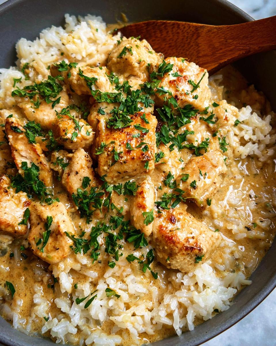 Close-up of Creamy Cajun Chicken & Rice Bowls, featuring tender chicken pieces in a rich sauce over fluffy rice, garnished with fresh parsley.