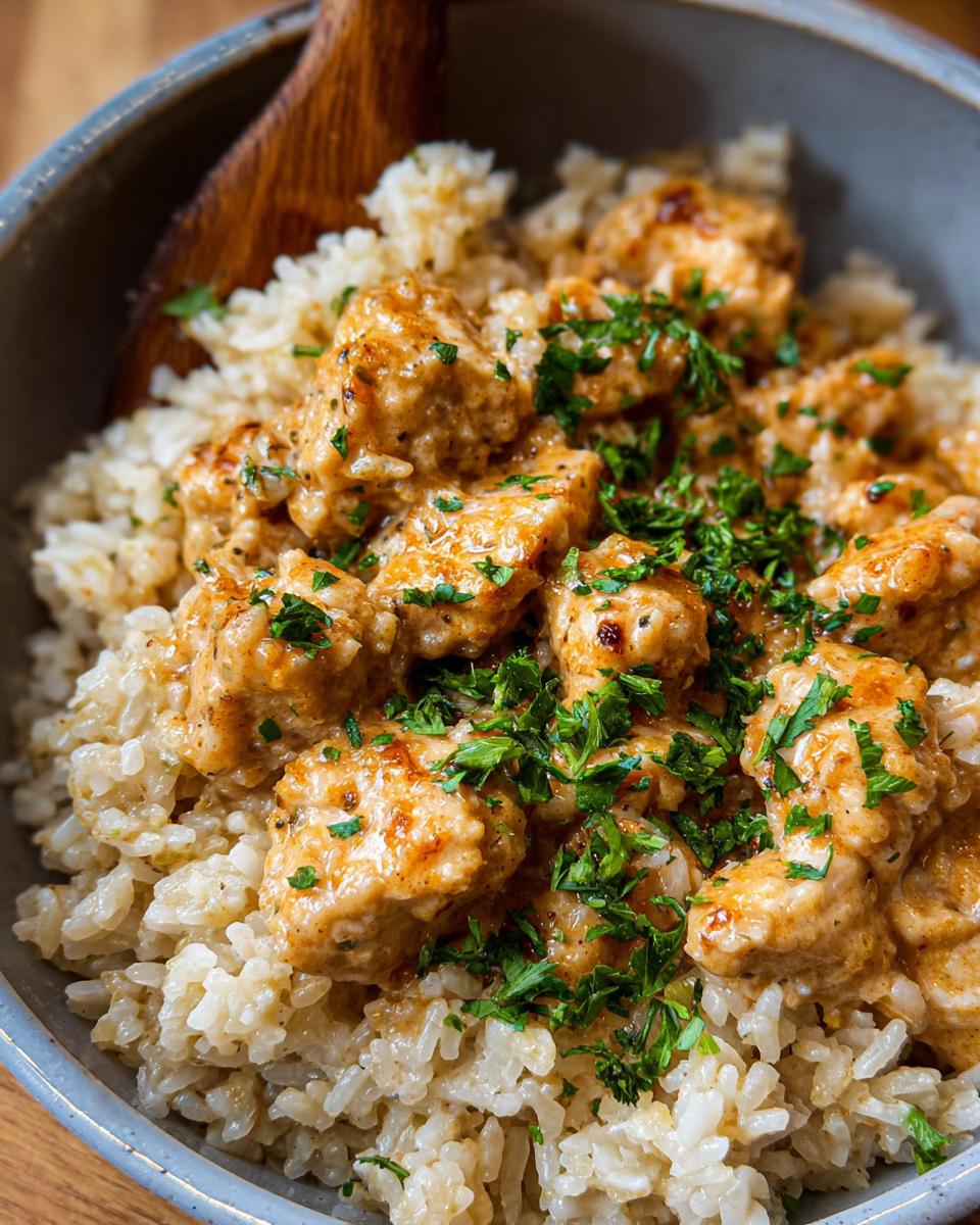 Close-up of a bowl filled with fluffy rice and tender pieces of Creamy Cajun Chicken, garnished with fresh parsley.