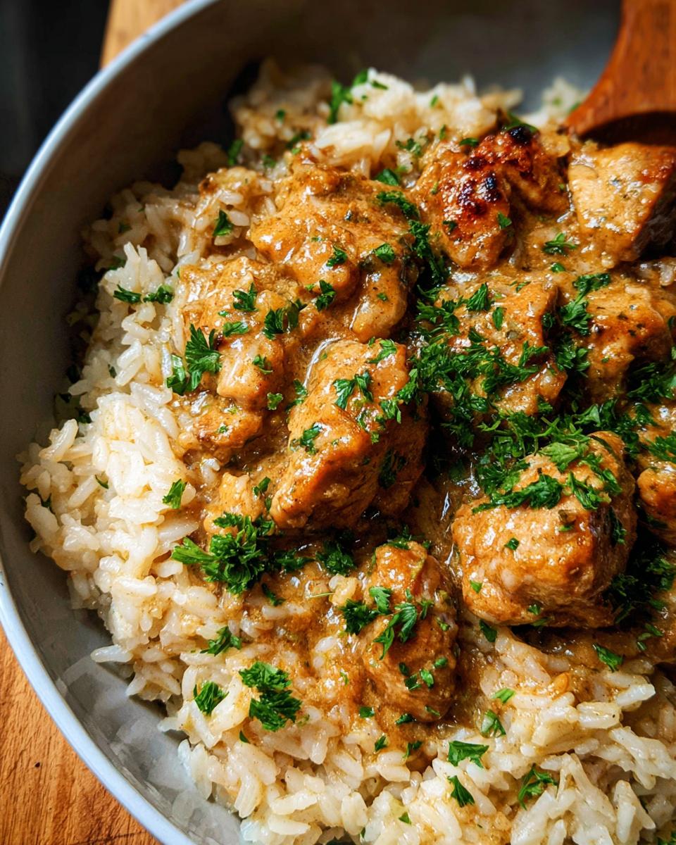 Close-up of a bowl filled with fluffy white rice topped with tender chicken pieces in a rich, creamy Cajun sauce and garnished with fresh parsley.