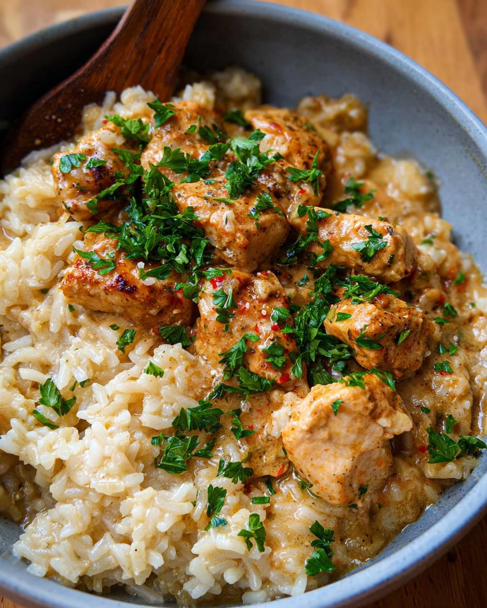 A close-up of a bowl of Creamy Cajun Chicken & Rice Bowls topped with fresh parsley.