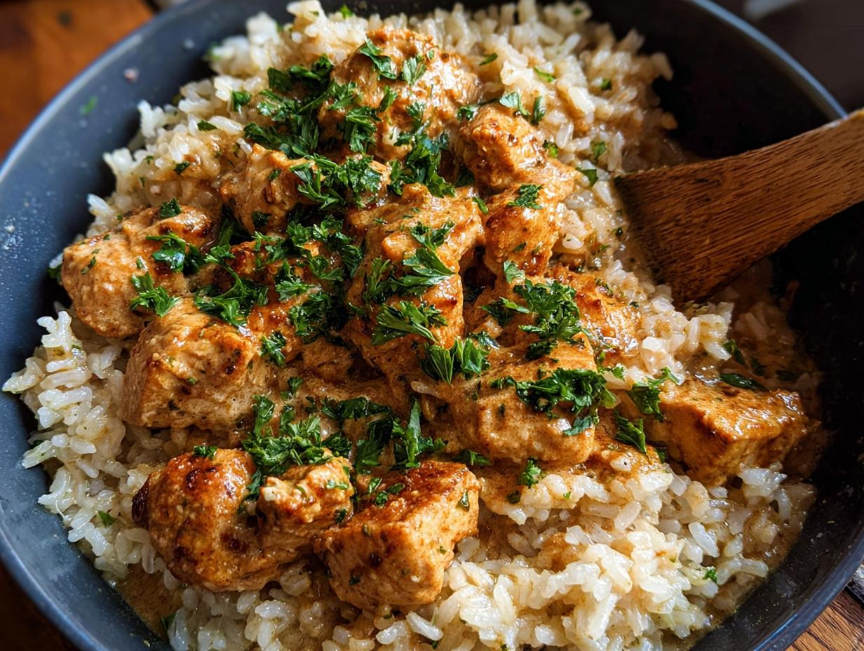 A close-up of Creamy Cajun Chicken & Rice Bowls, featuring tender chicken pieces in a rich sauce served over fluffy white rice, garnished with fresh parsley.