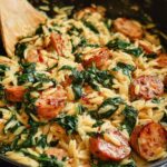 Close-up of Creamy Chicken Sausage Orzo with spinach and red pepper flakes in a skillet.