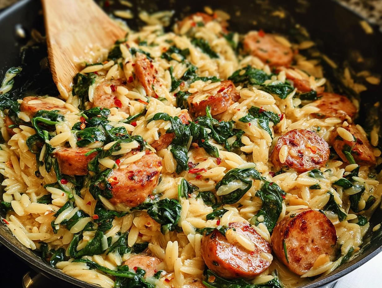 Close-up of Creamy Chicken Sausage Orzo with spinach and red pepper flakes in a skillet.