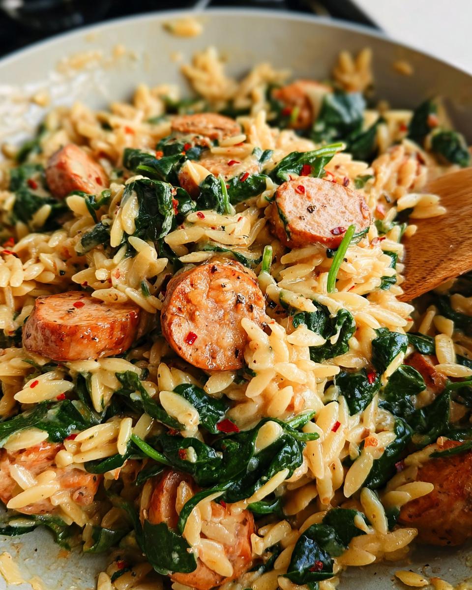 Close-up of Creamy Chicken Sausage Orzo with wilted spinach and red pepper flakes.