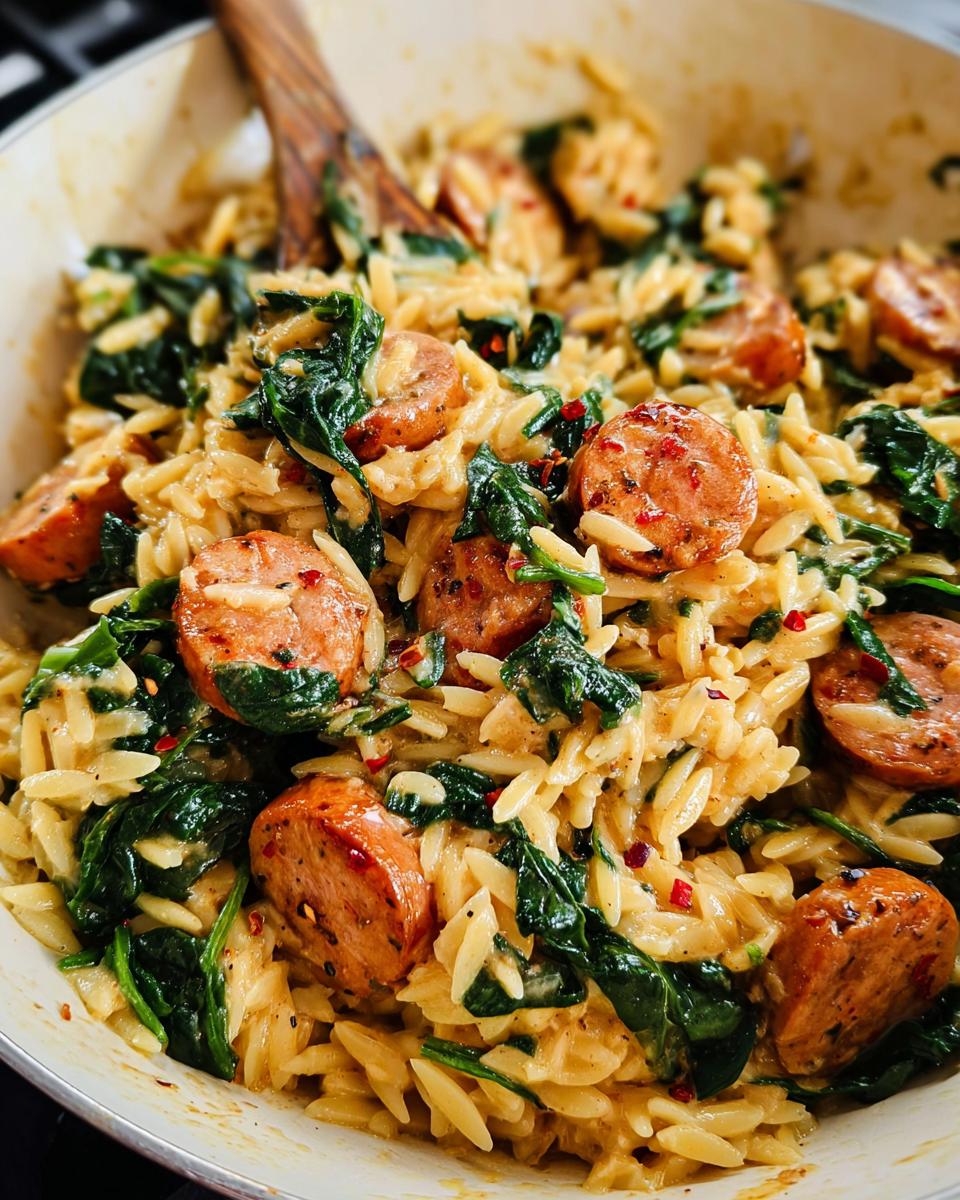 Close-up of Creamy Chicken Sausage Orzo with wilted spinach and red pepper flakes.