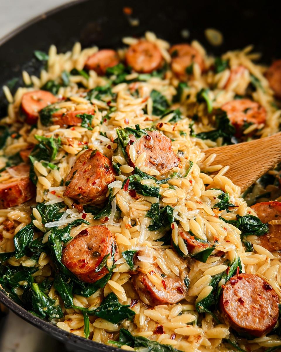 Close-up of creamy chicken sausage orzo with wilted spinach and red pepper flakes, being stirred with a wooden spoon.