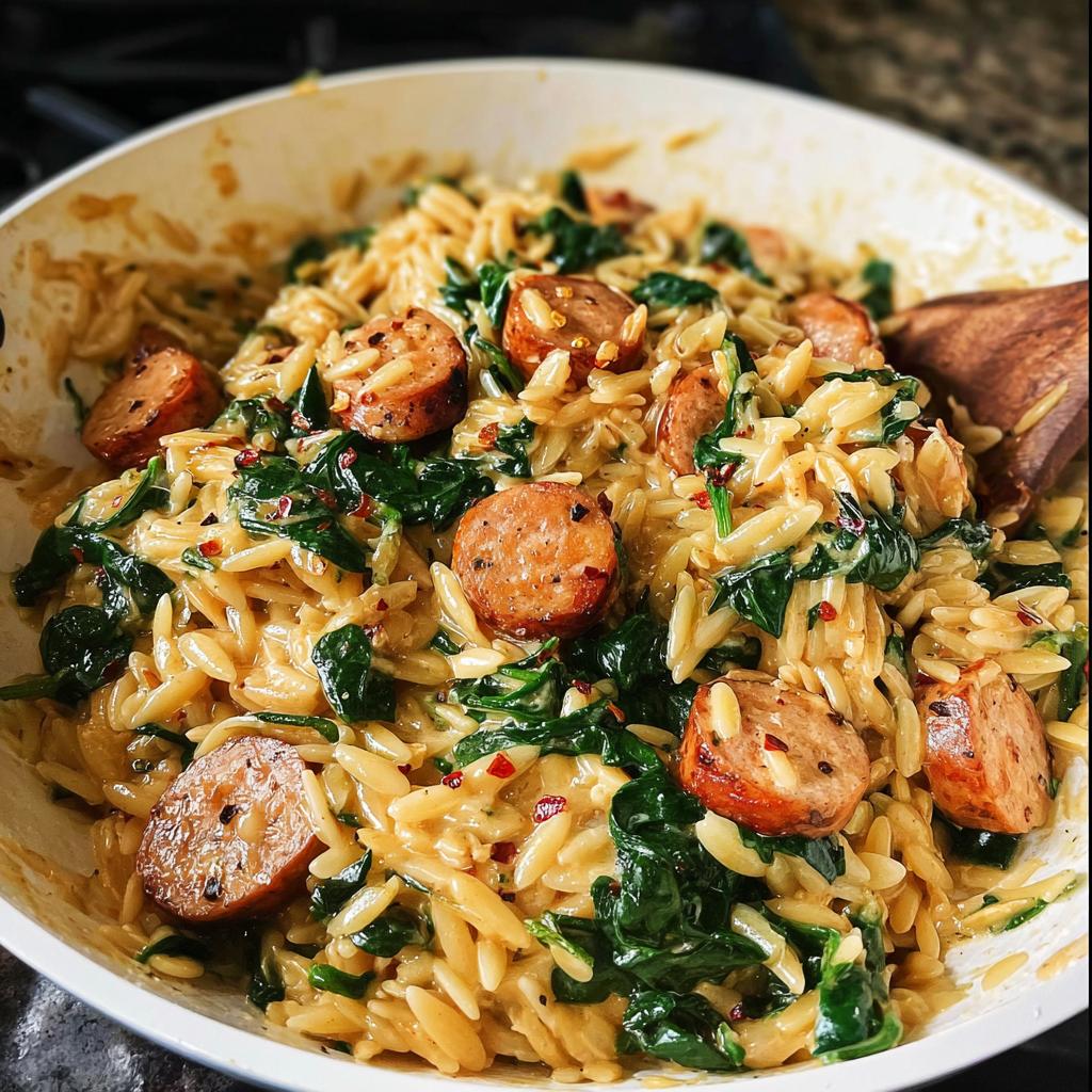 Close-up of Creamy Chicken Sausage Orzo with wilted spinach and red pepper flakes.
