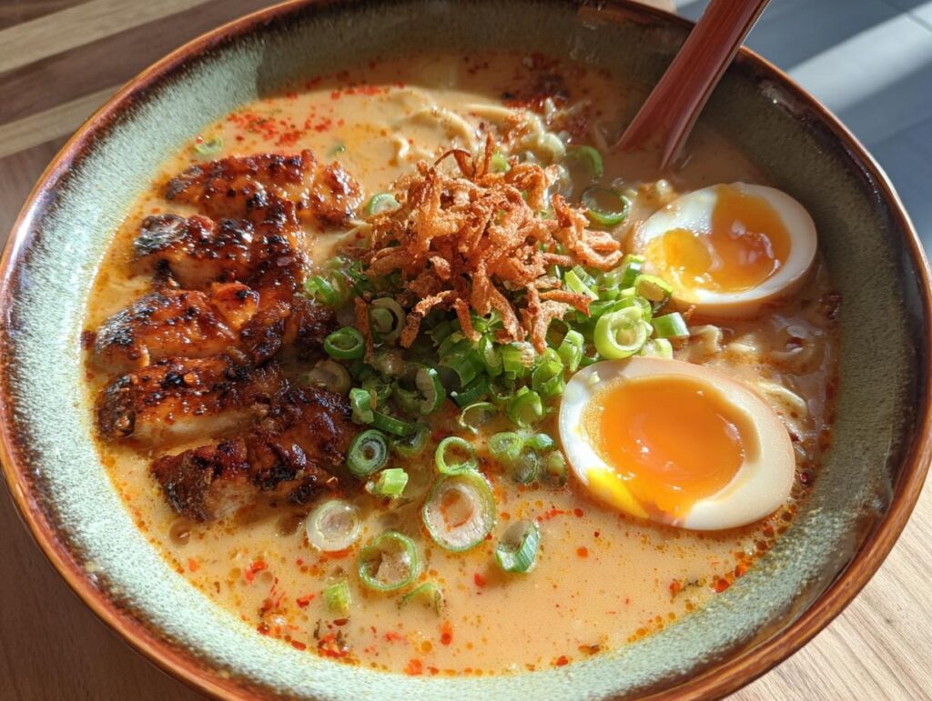 A close-up of a bowl of Creamy Garlic Chicken Ramen, featuring sliced chicken, soft-boiled eggs, and green onions.