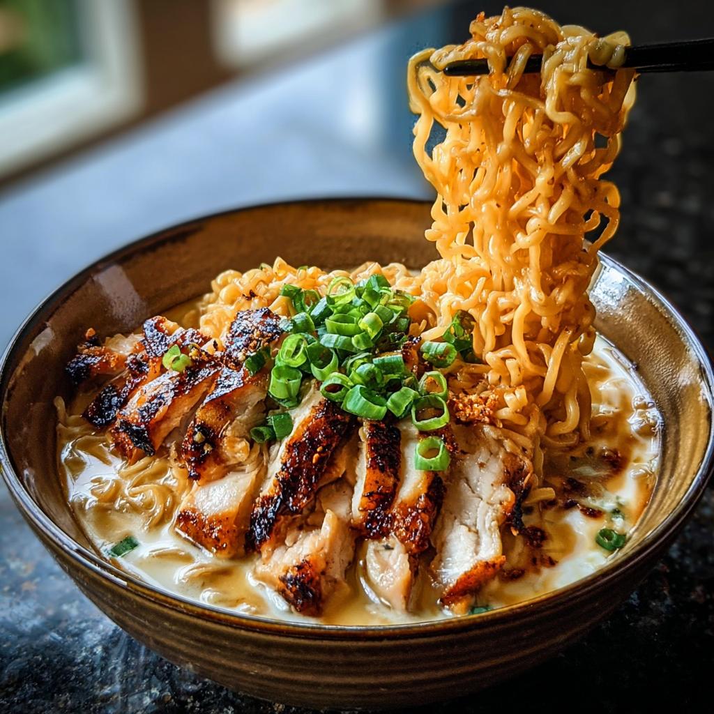 A bowl of Creamy Garlic Chicken Ramen, featuring tender sliced chicken and noodles being lifted by chopsticks.